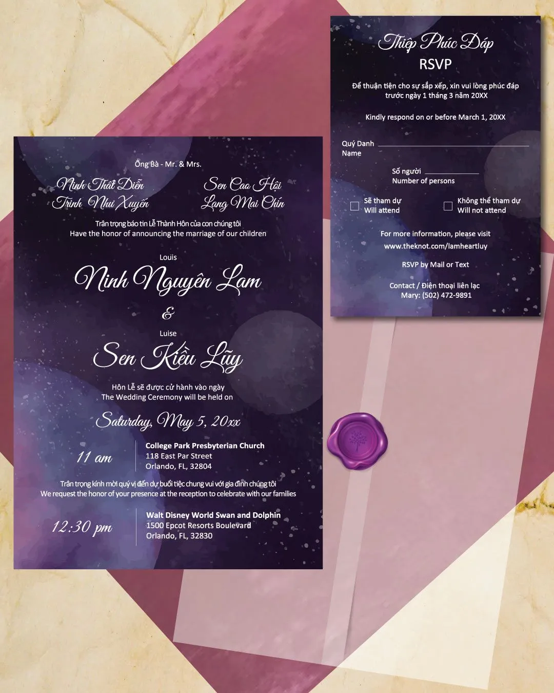 Watercolor Celestial Vellum Wrapped Vietnamese & English Wedding Invitation