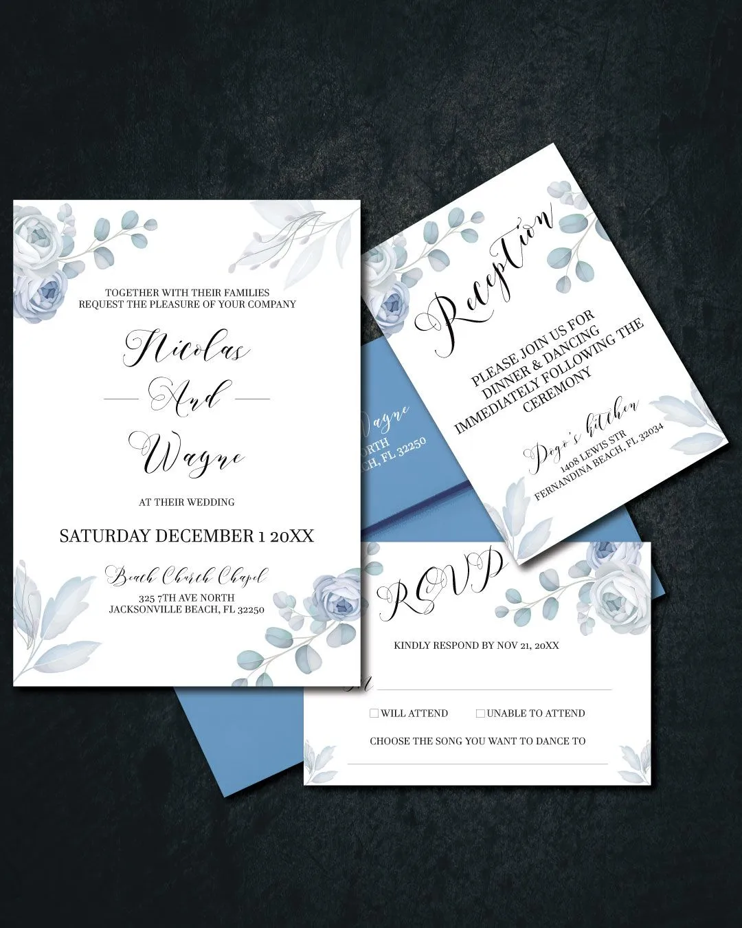 Subtle Blue Flowers Simple Flat 5x7 Wedding Invitation