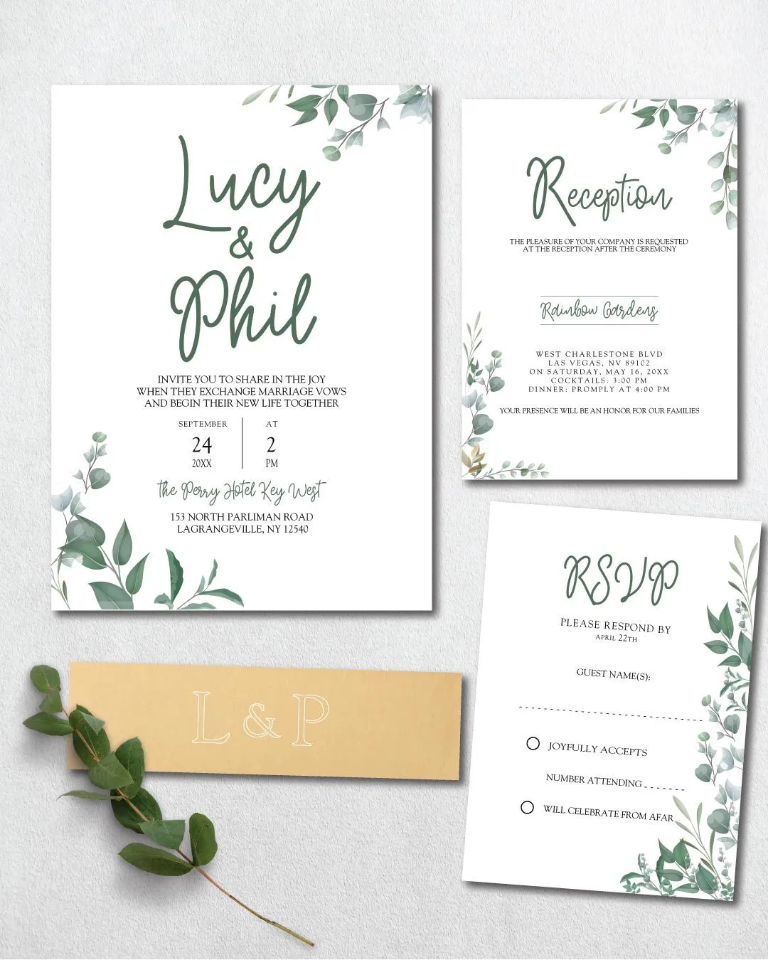 Green and Gray Leaves Simple Flat 5x7 Wedding Invitation