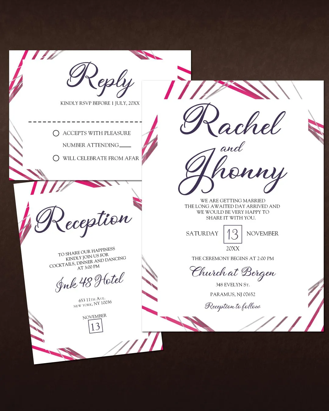 Fuchsia Lines Simple Flat 5x7 Wedding Invitation