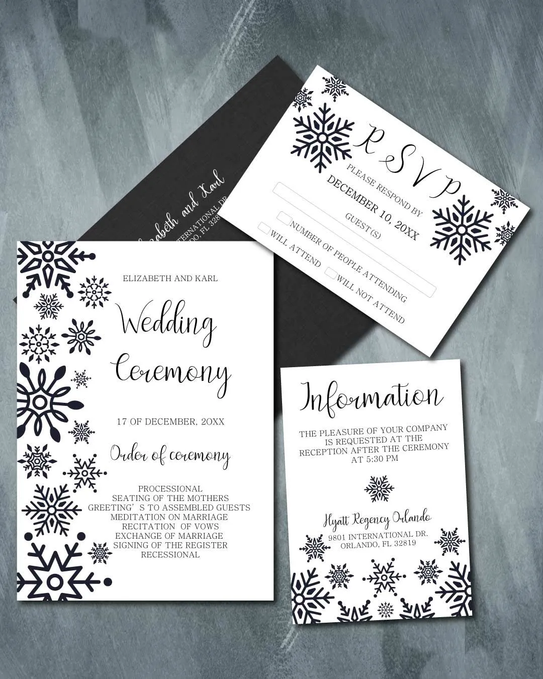 Black Snowflakes Simple Flat 5x7 Wedding Invitation