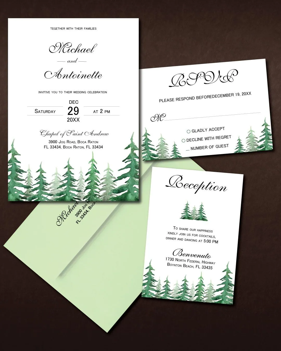 Watercolor Pines Simple Flat 5x7 Wedding Invitation