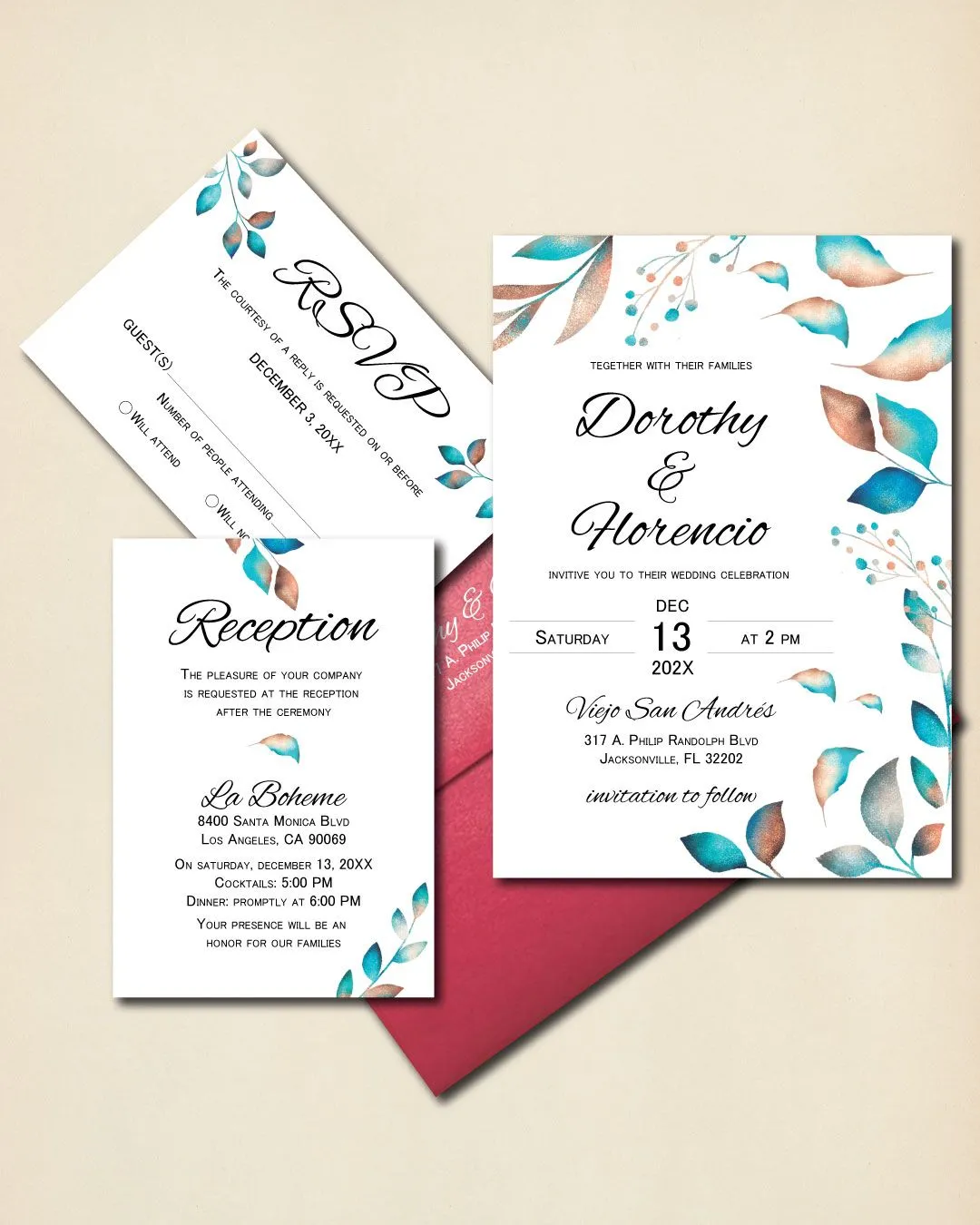 Leaves and Branches Gradient Simple Flat 5x7 Wedding Invitation