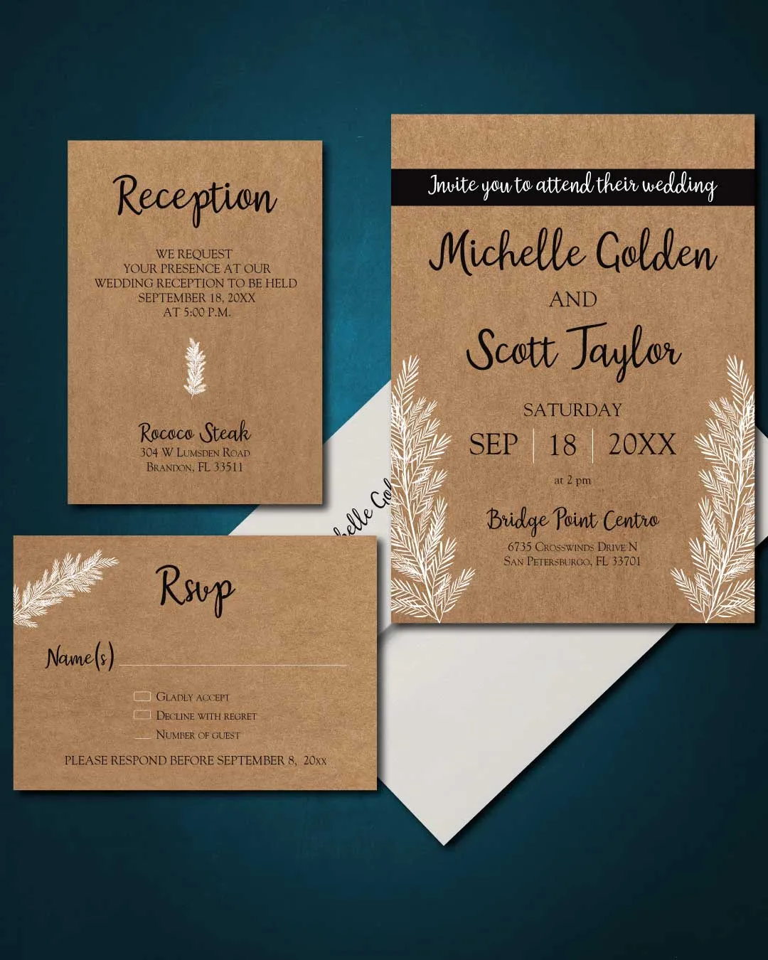 Cardboard White Branches Simple Flat 5x7 Wedding Invitation