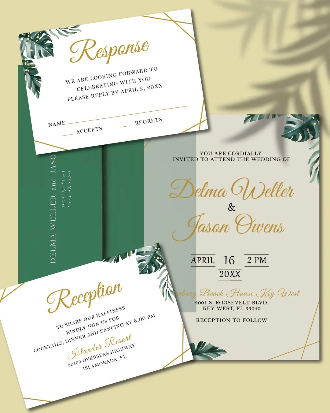 Tropical Leaves And Golden Acrylic Wedding Invitation