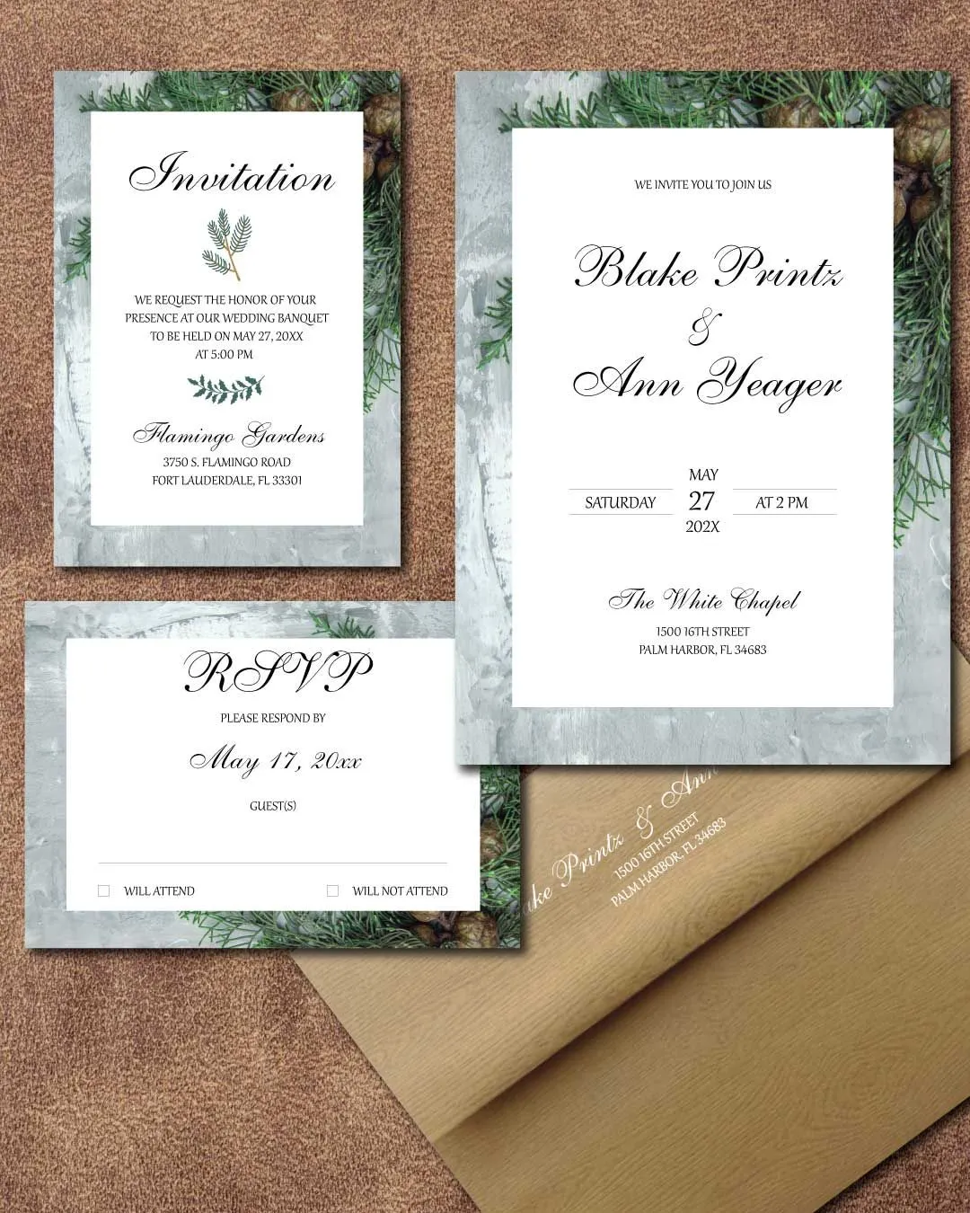 Royal Pine Frame Simple Flat 5x7 Wedding Invitation