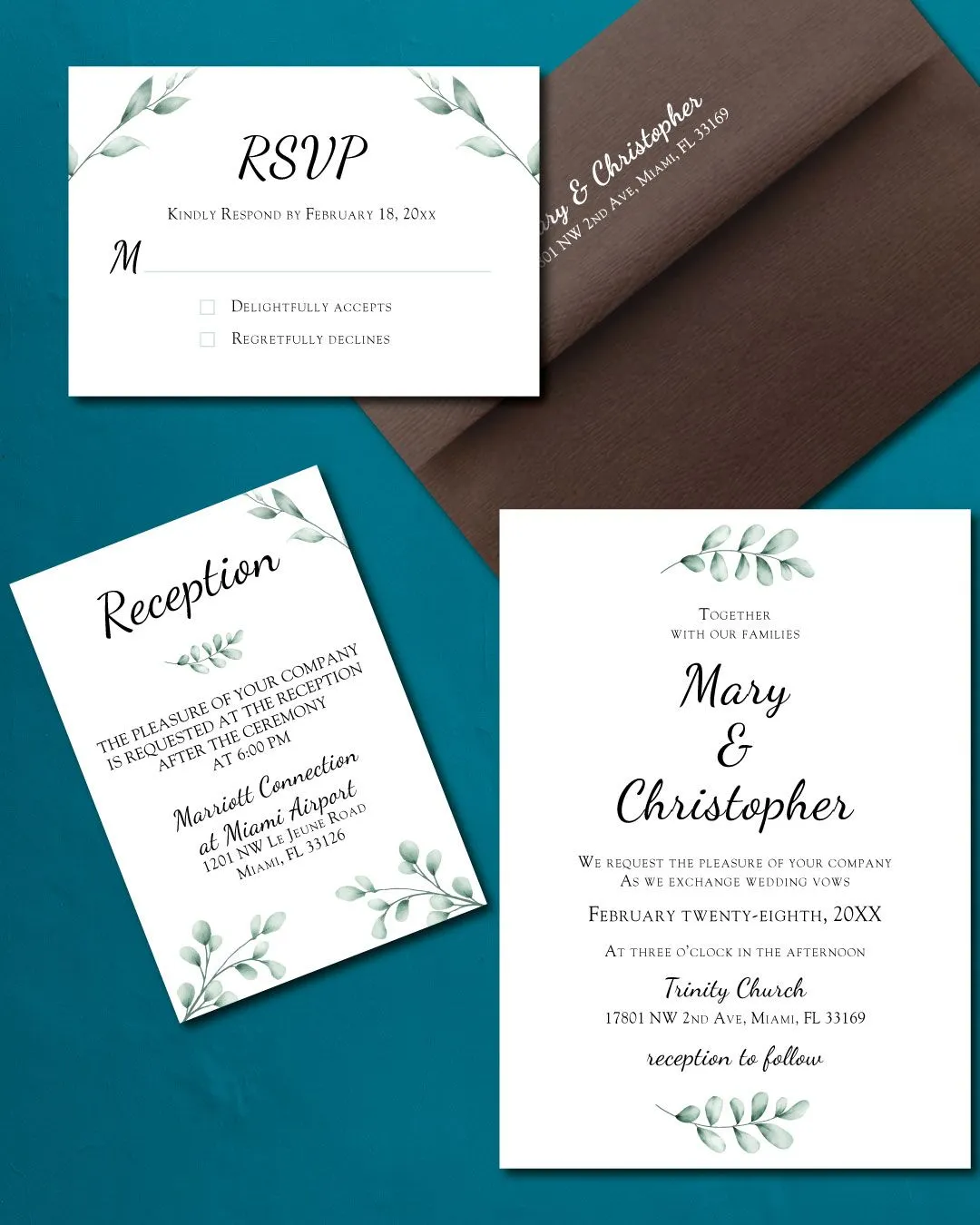 Elegant Watercolor Leaves Simple Flat 5x7 Wedding Invitation