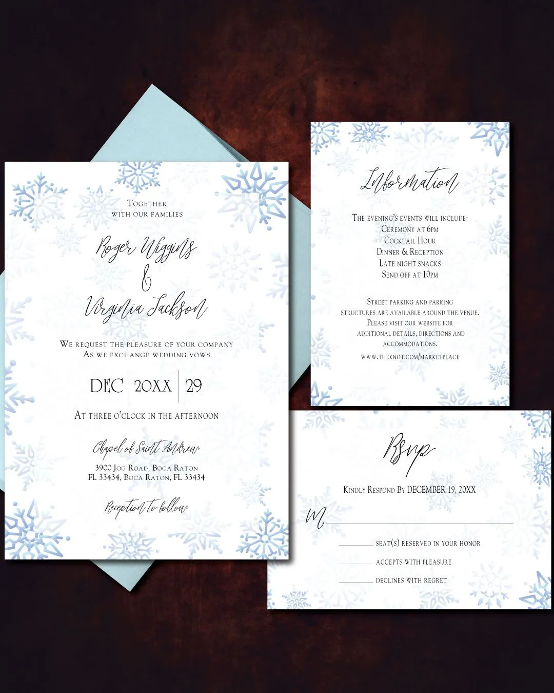Loving Snowflakes Simple Flat 5x7 Wedding Invitation