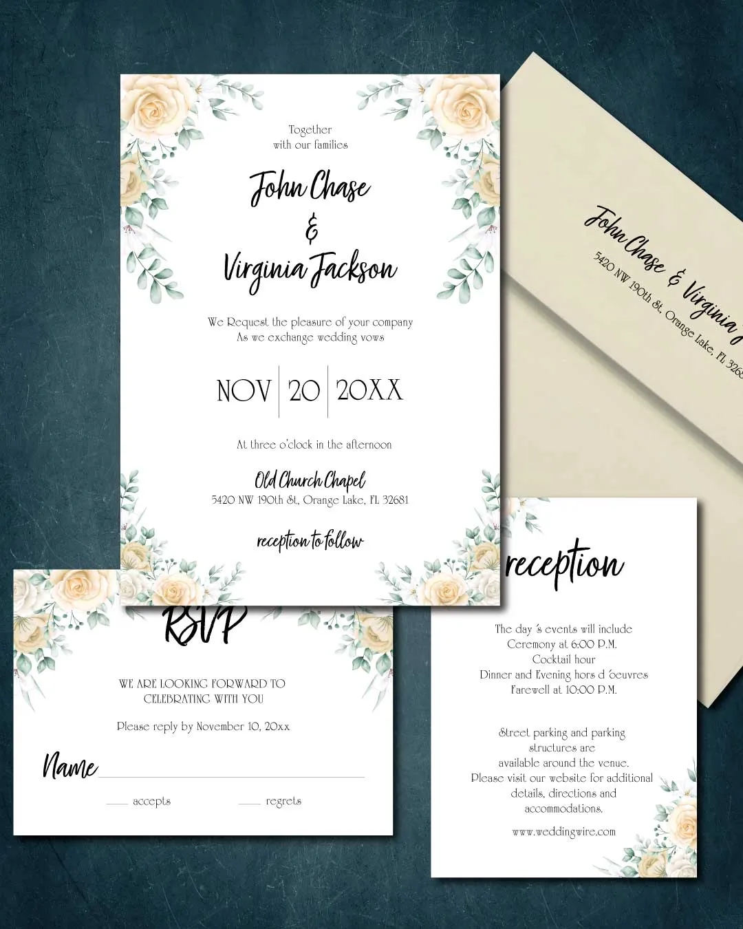 Winter Cream Roses Simple Flat 5x7 Wedding Invitation