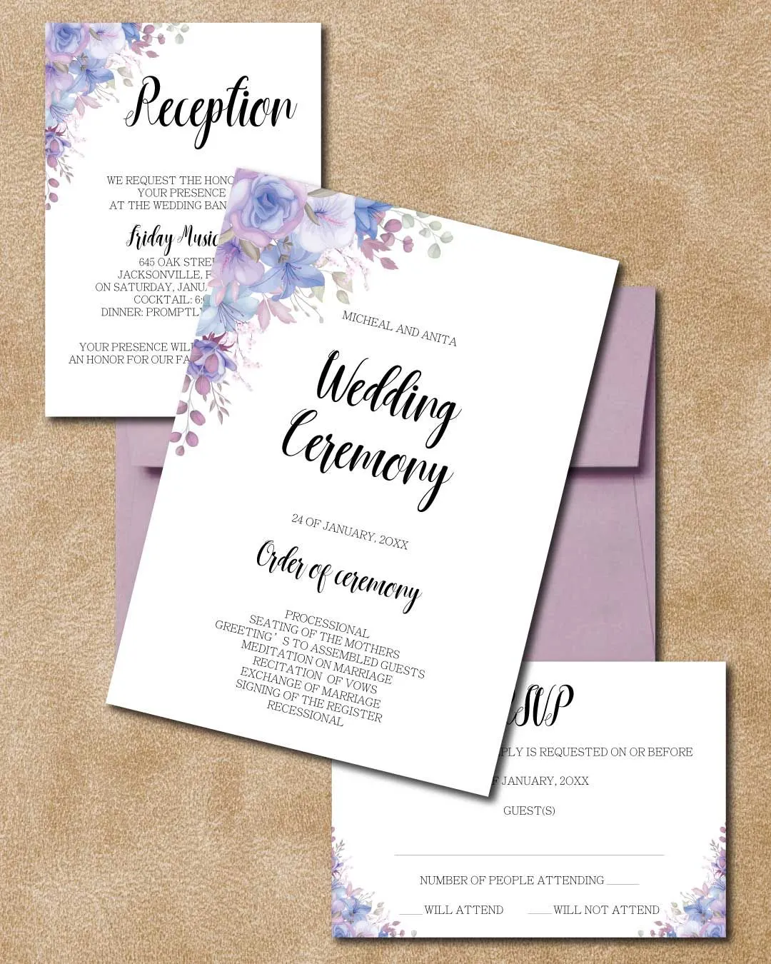 Purple Flower Arrangement Simple Flat 5x7 Wedding Invitation