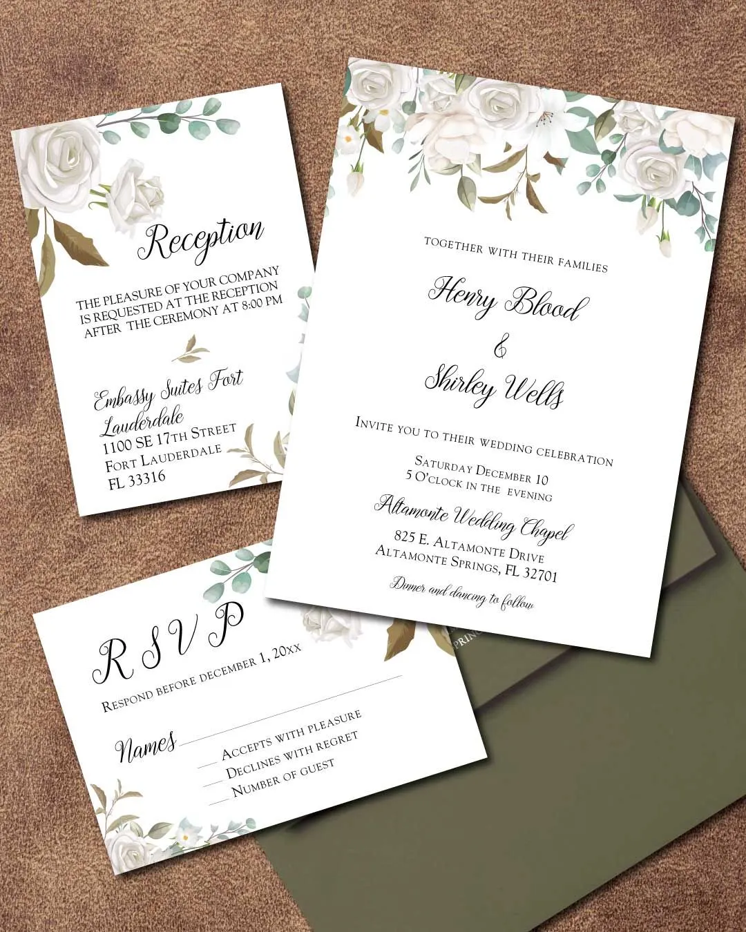 White Winter Roses Simple Flat 5x7 Wedding Invitation