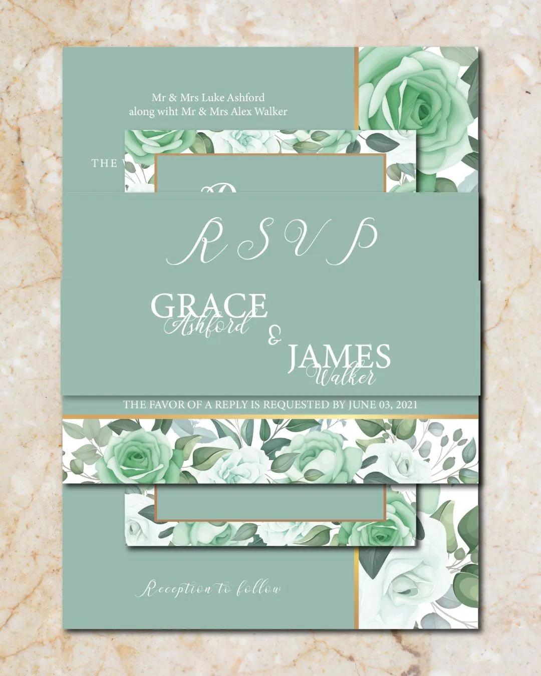 Pastel Green Flowers Simple Flat 5x7 Wedding Invitation