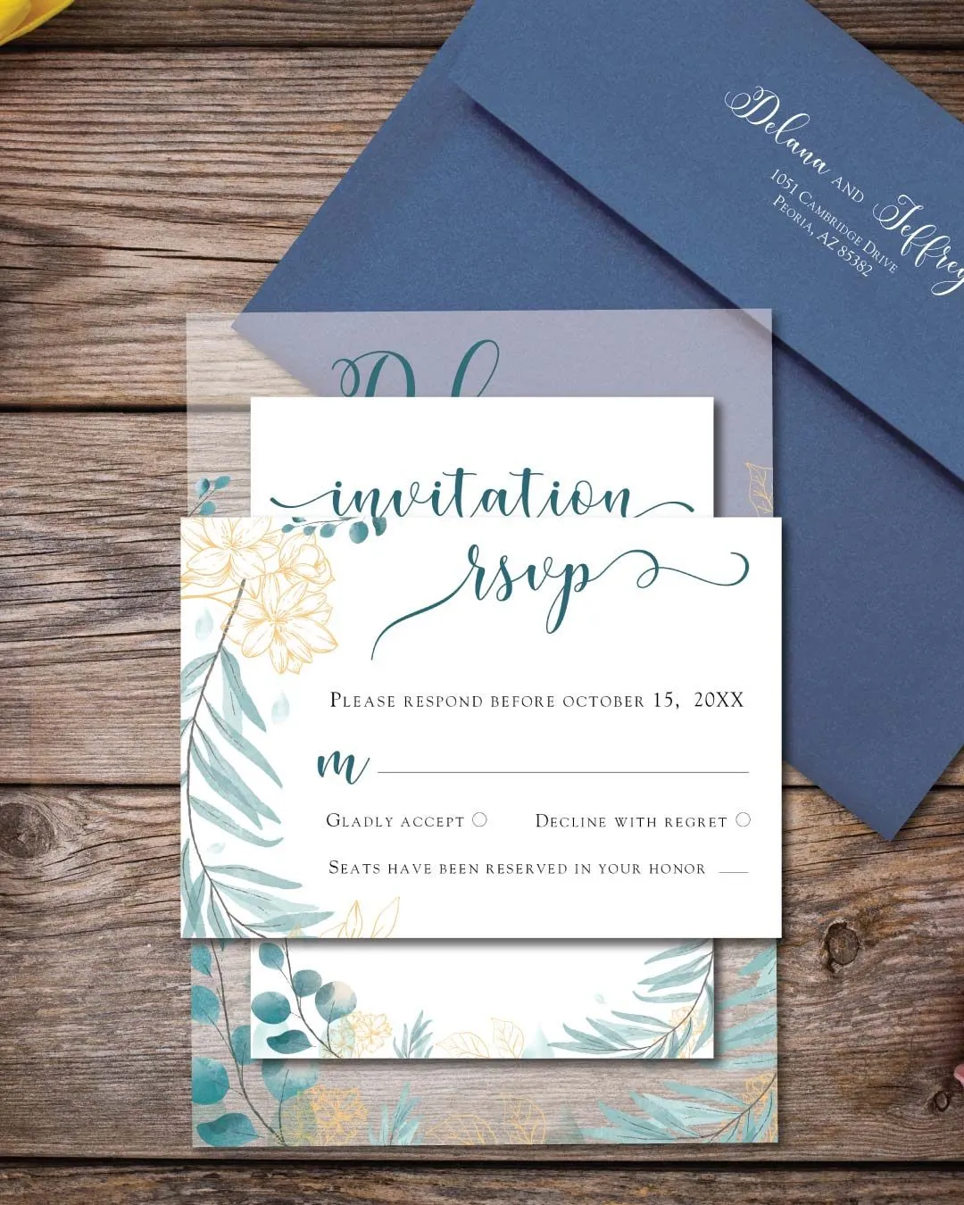 Blue Leaves And Branches Acrylic Wedding Invitation