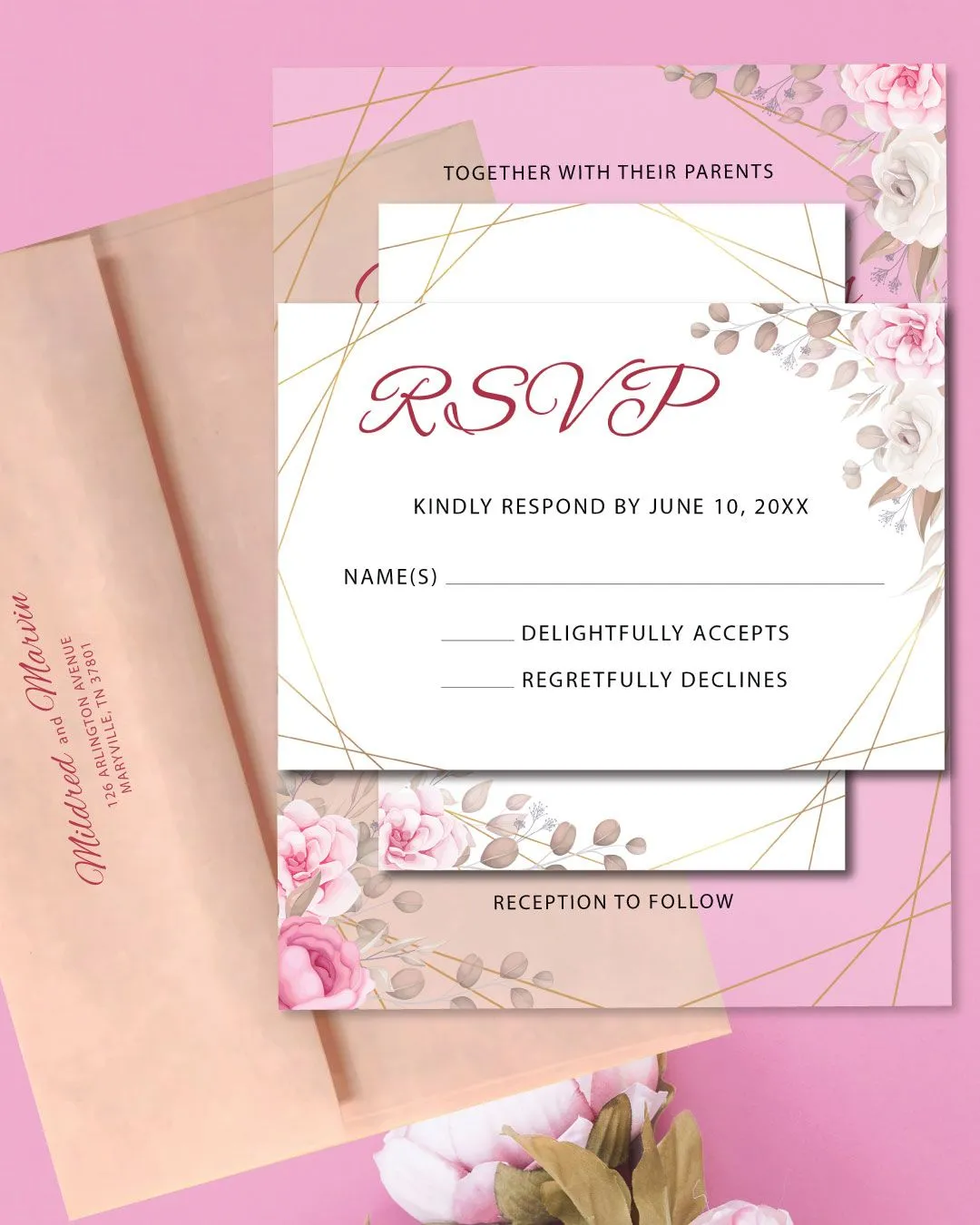 Pink Flowers In Corners Acrylic Wedding Invitation