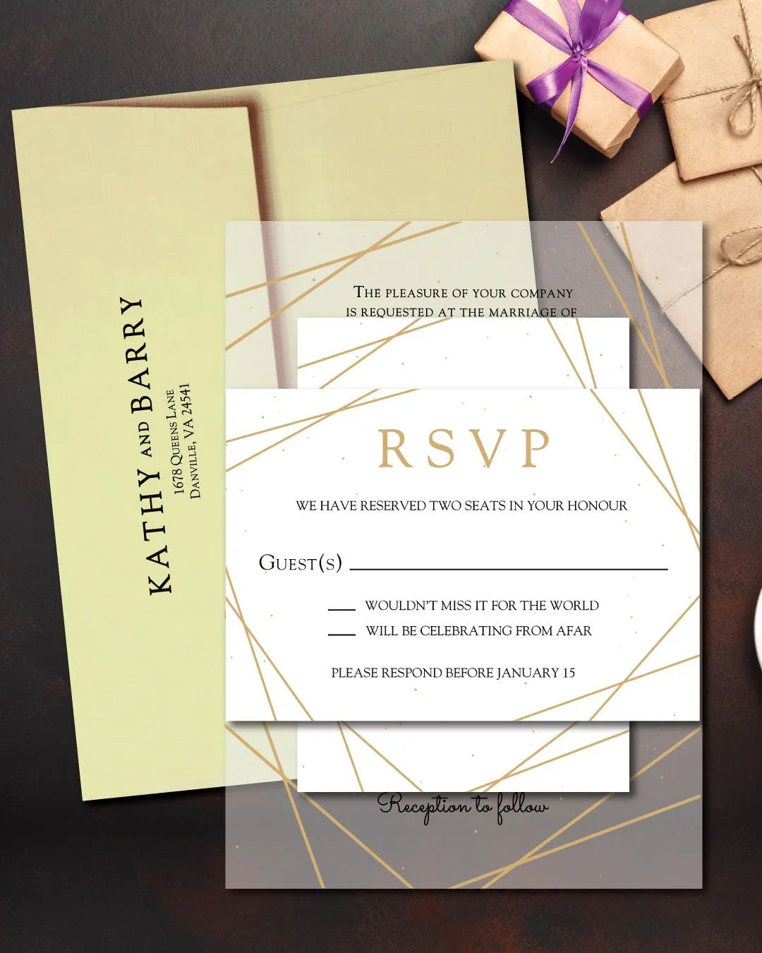Gold Geometric Design Acrylic Wedding Invitation