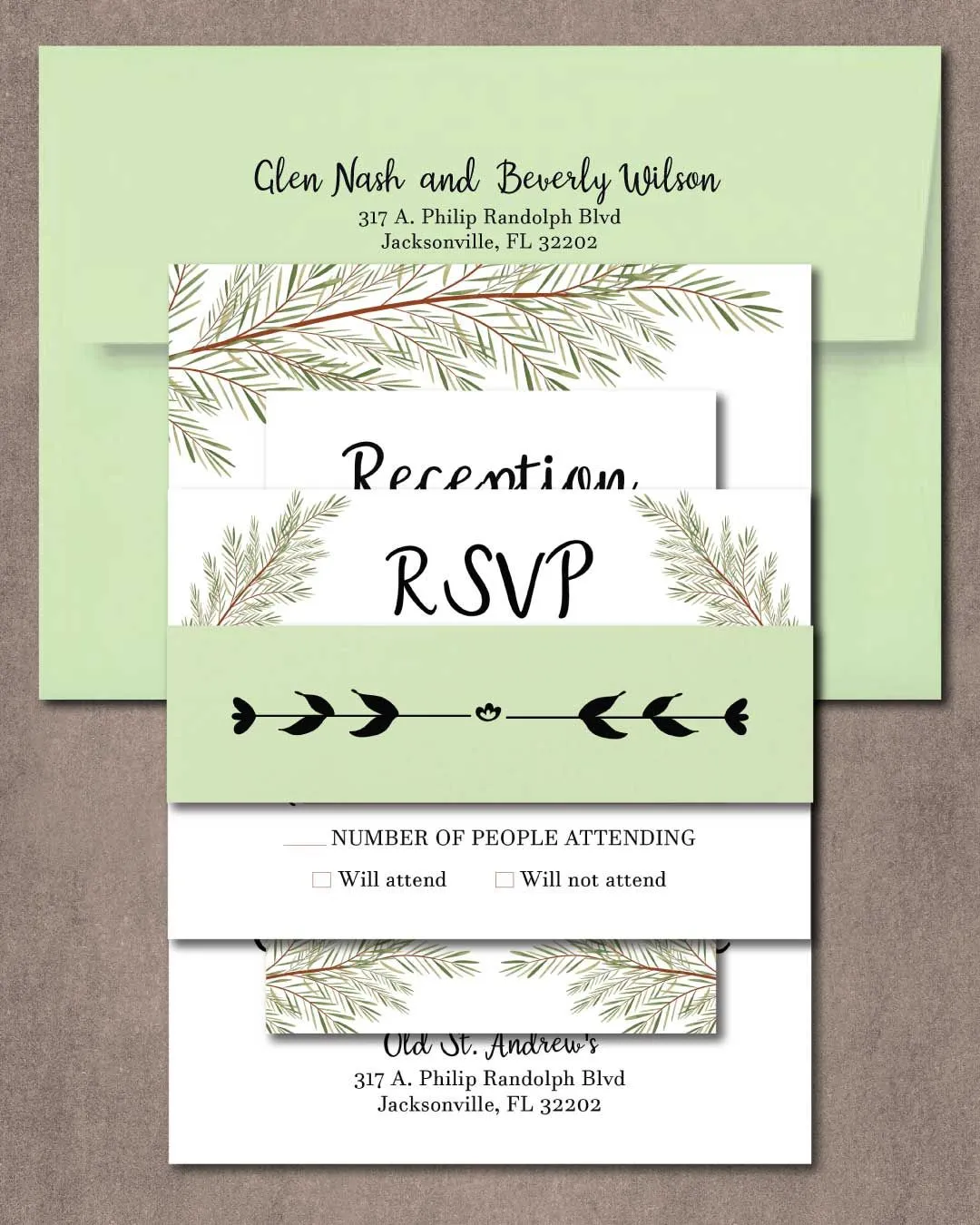 Simple Pine Branches Simple Flat 5x7 Wedding Invitation