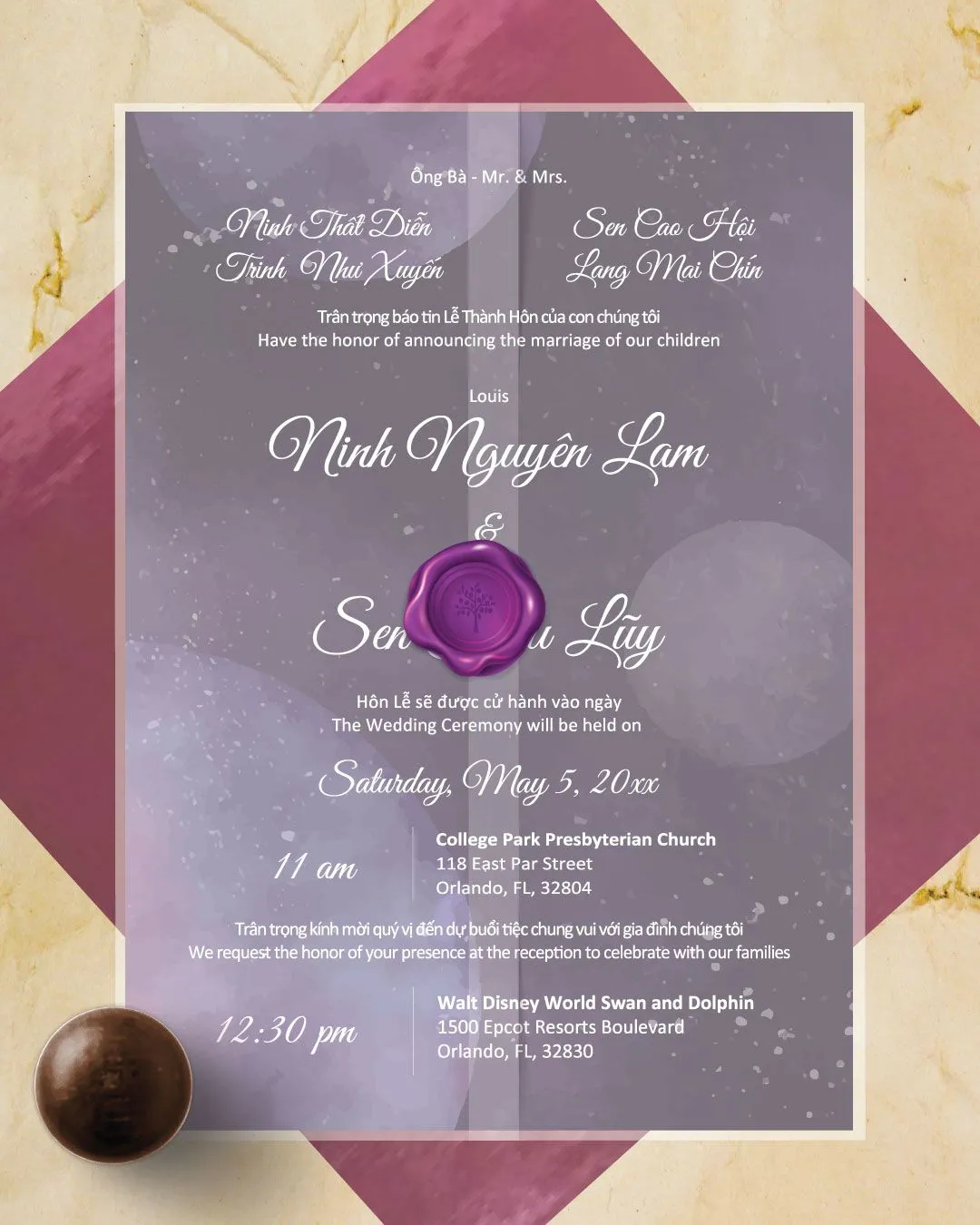 Watercolor Celestial Vellum Wrapped Vietnamese & English Wedding Invitation