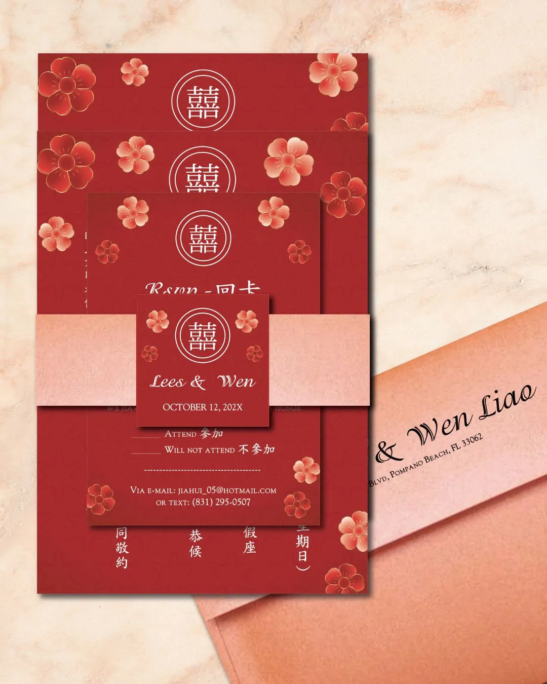 Pink and Red Falling Simple Flat 5x7 Wedding Invitation