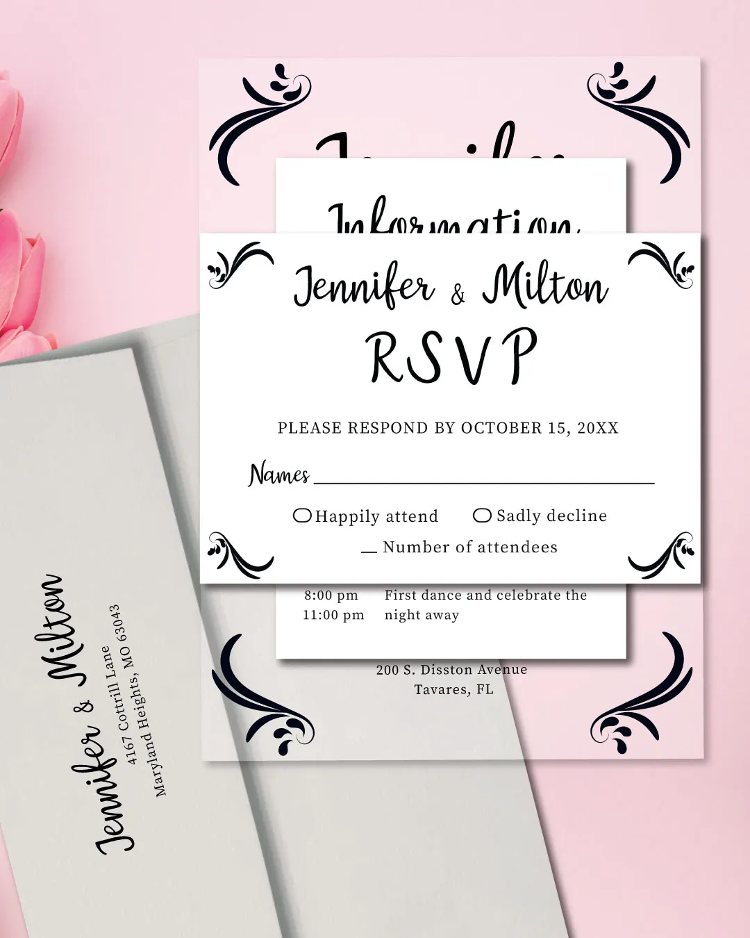 Black Ornamental Corners Acrylic Wedding Invitation