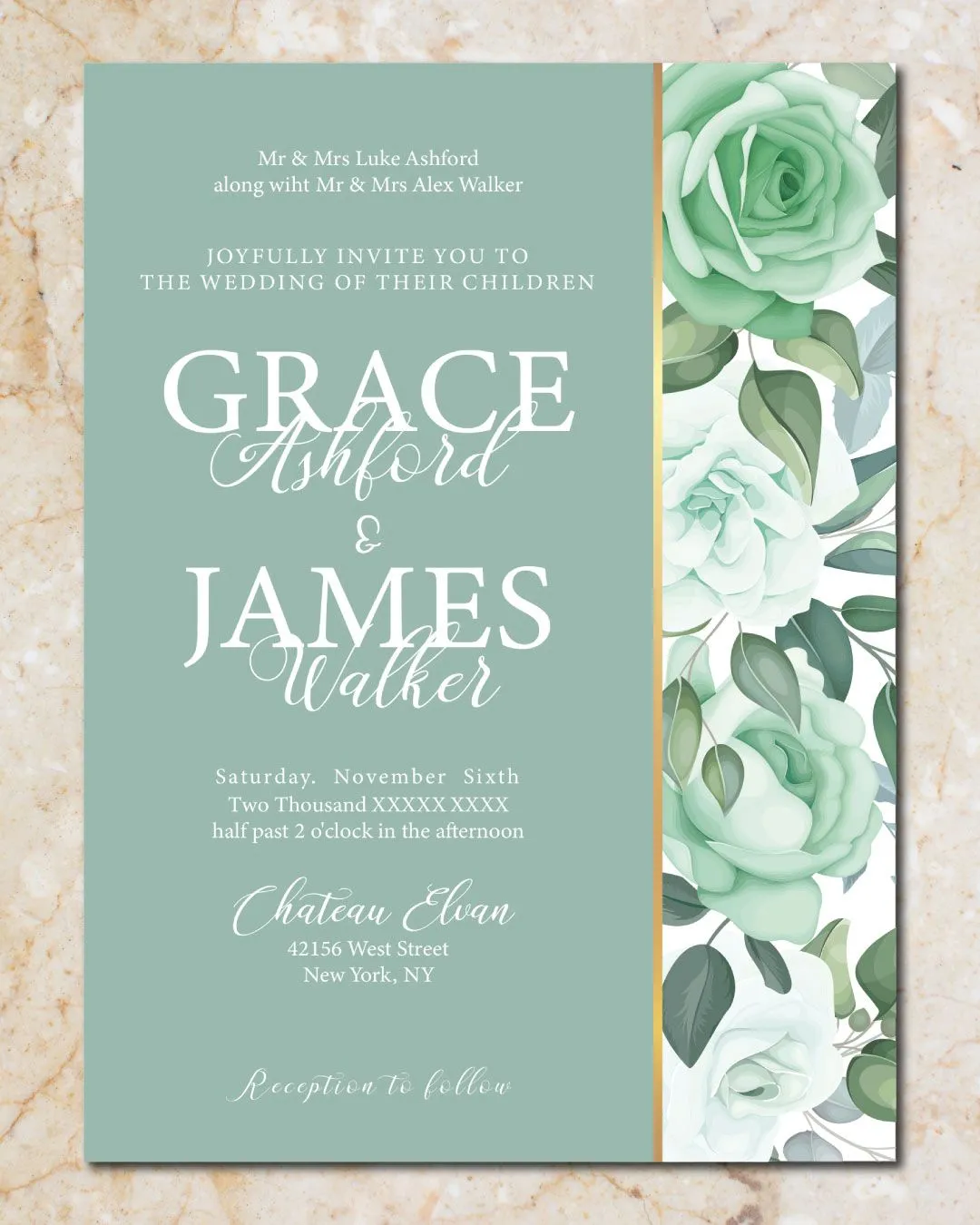 Pastel Green Flowers Simple Flat 5x7 Wedding Invitation