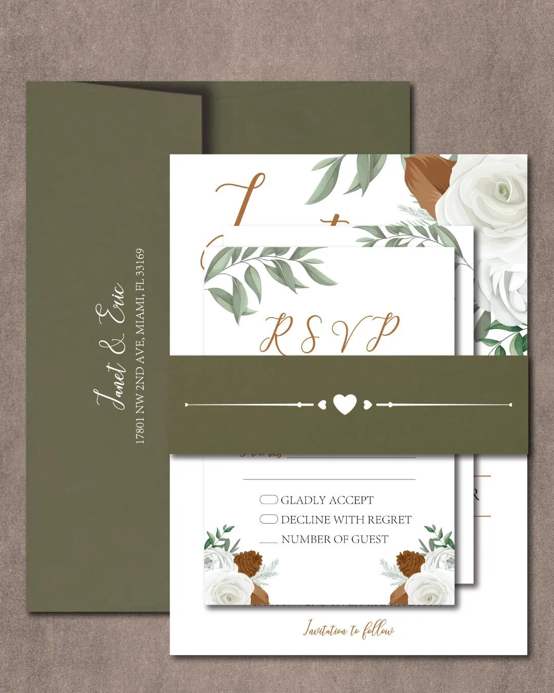 Pine Cone and Roses Simple Flat 5x7 Wedding Invitation