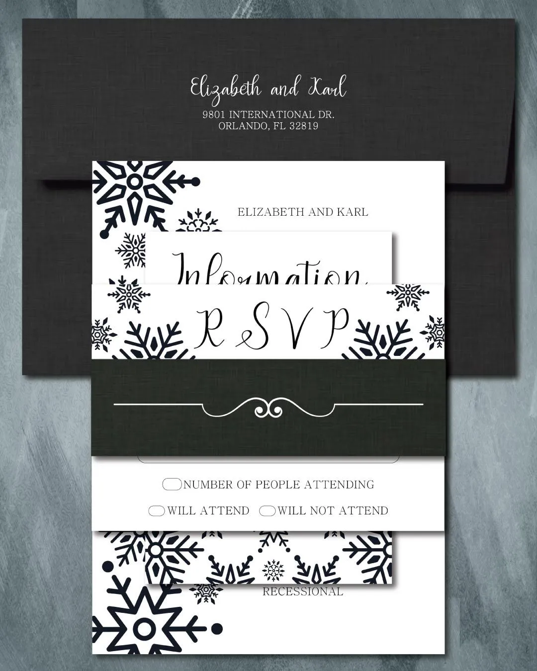 Black Snowflakes Simple Flat 5x7 Wedding Invitation