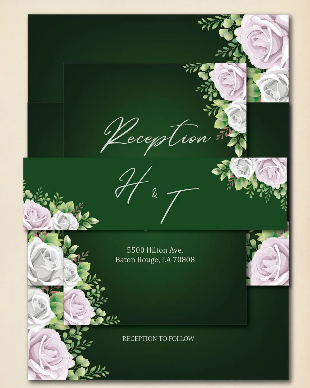 Green and Roses Simple Flat 5x7 Wedding Invitation