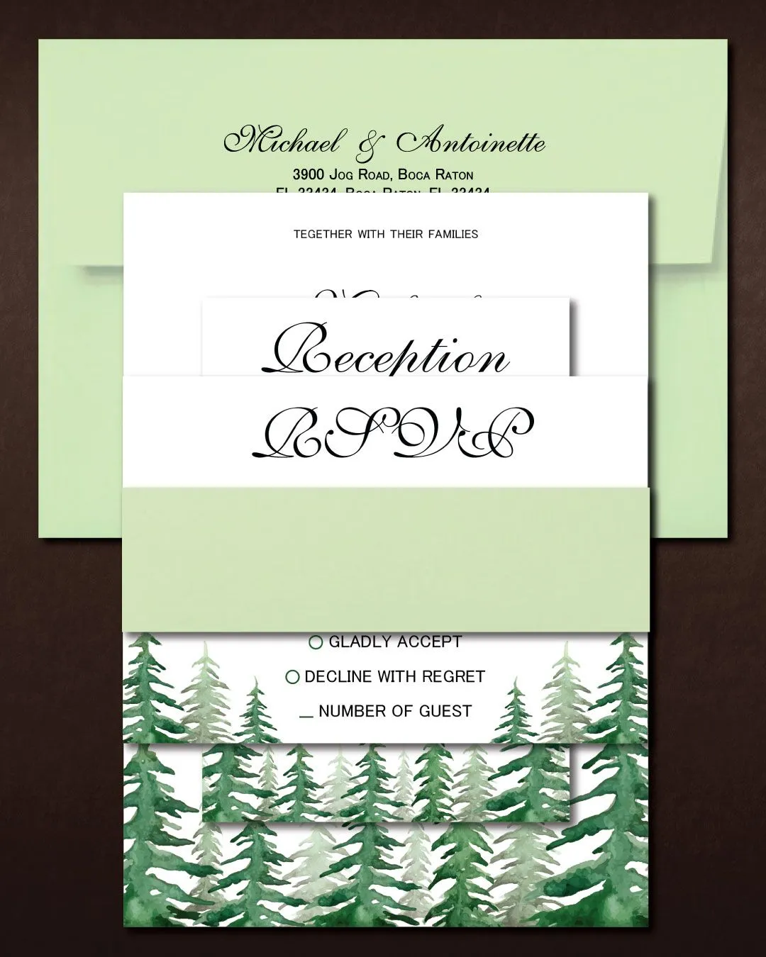 Watercolor Pines Simple Flat 5x7 Wedding Invitation