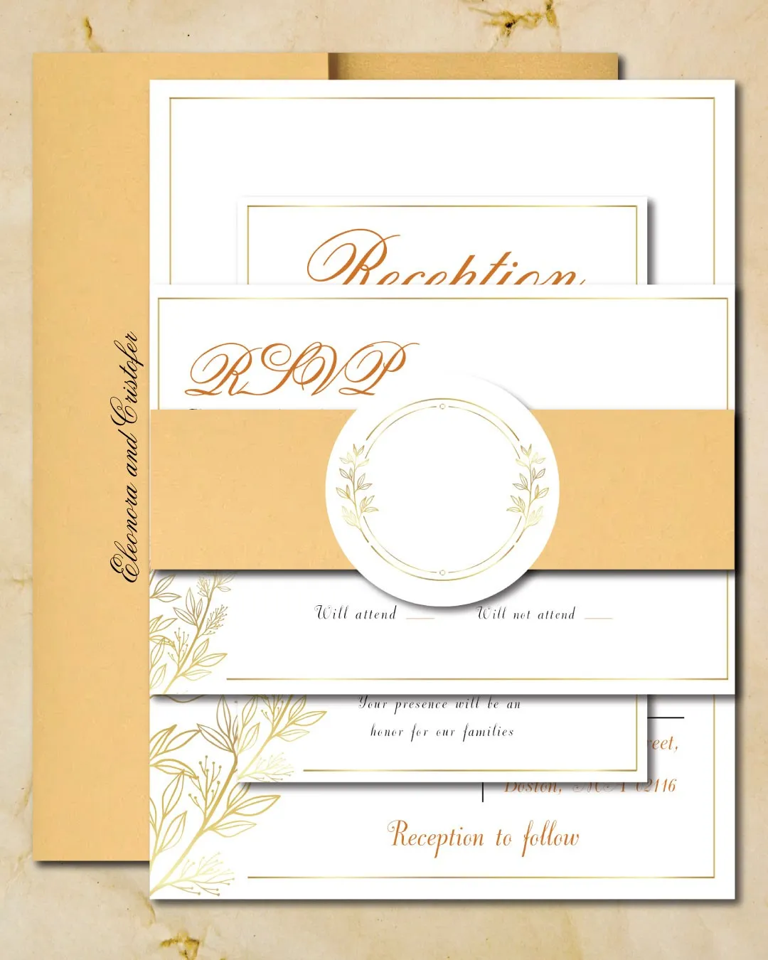 Golden Leaves Simple Flat 5x7 Wedding Invitation
