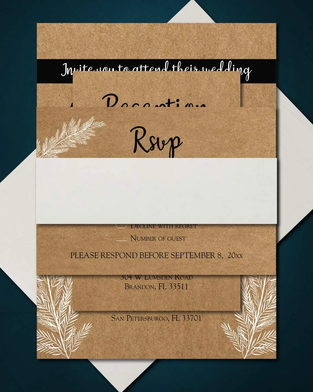 Cardboard White Branches Simple Flat 5x7 Wedding Invitation