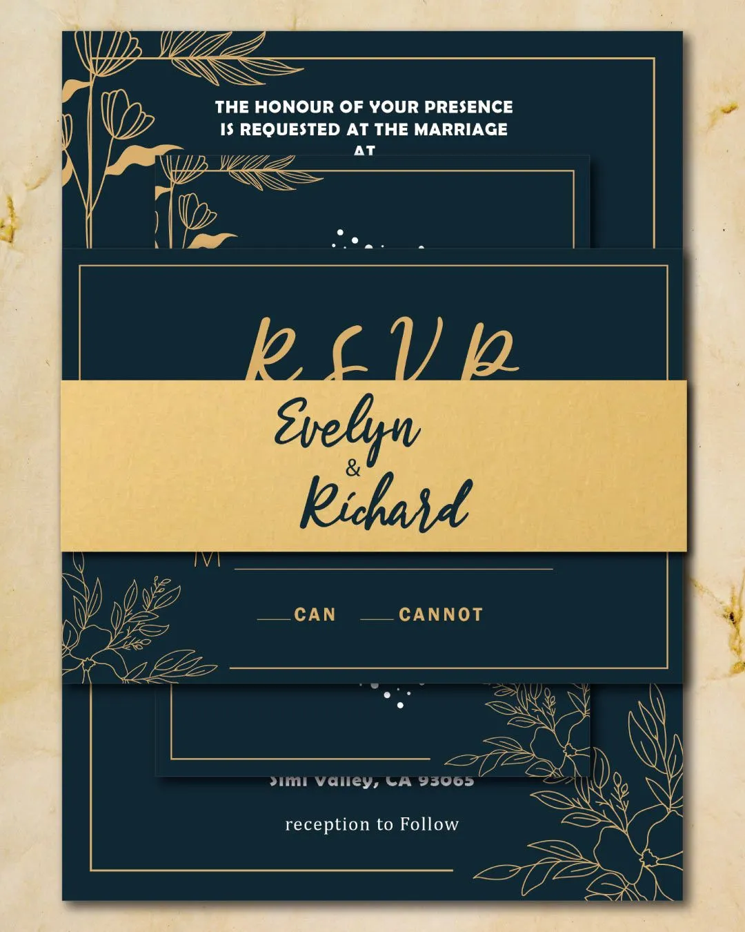 Golden Flowers Simple Flat 5x7 Wedding Invitation