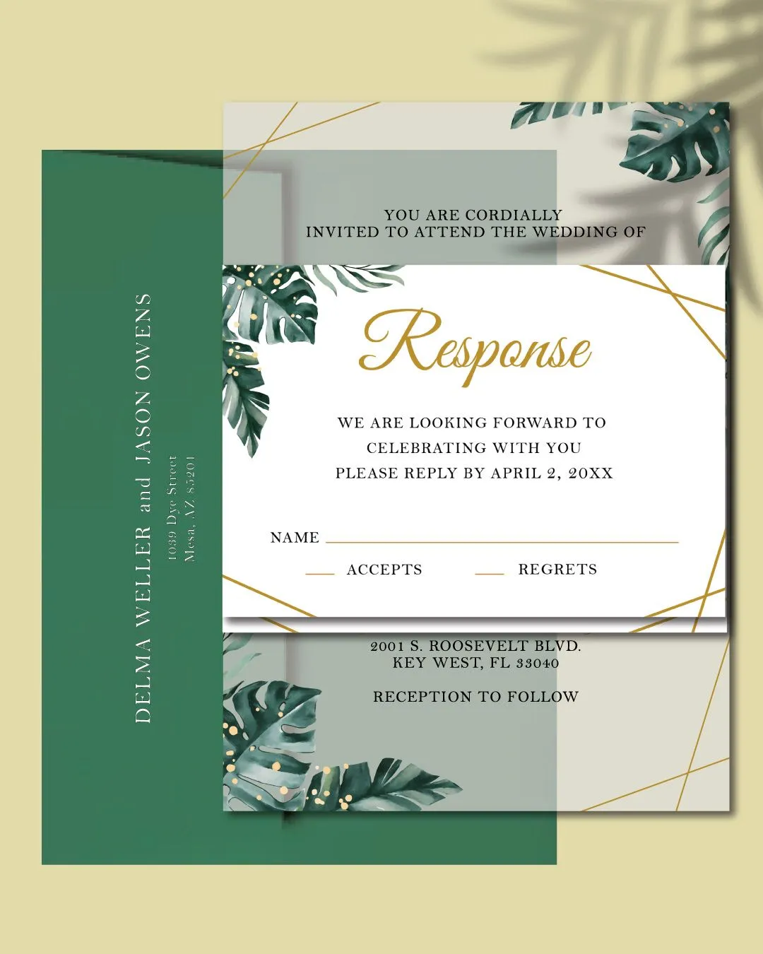 Tropical Leaves And Golden Acrylic Wedding Invitation