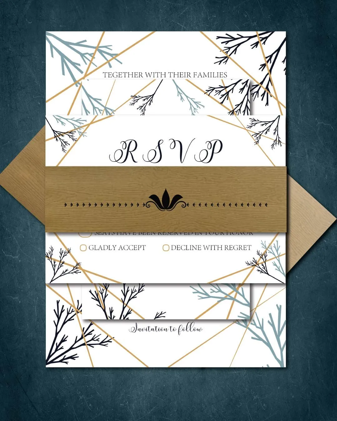 Geometric Frame Branches Simple Flat 5x7 Wedding Invitation