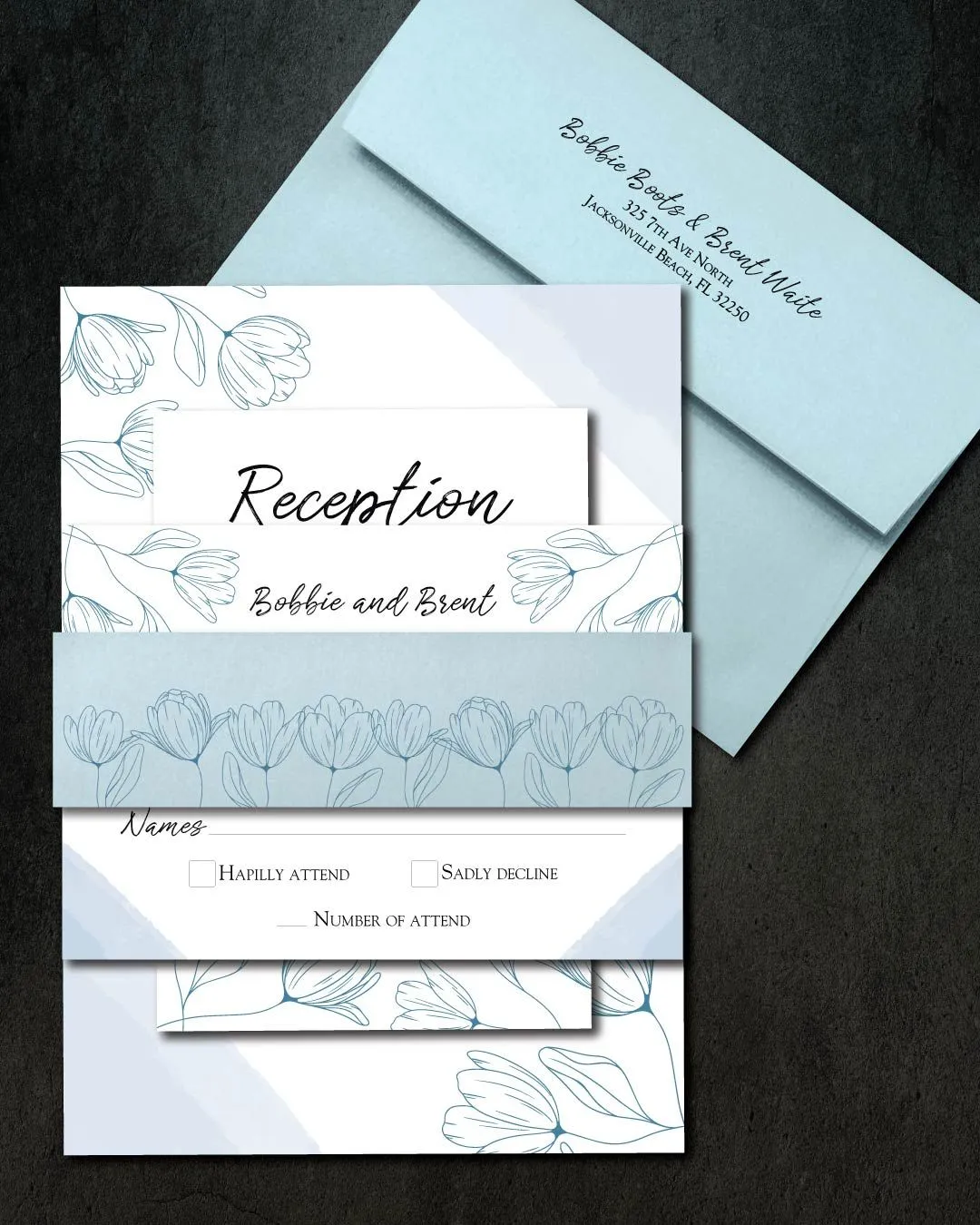 Blue Floral Silhouettes Simple Flat 5x7 Wedding Invitation