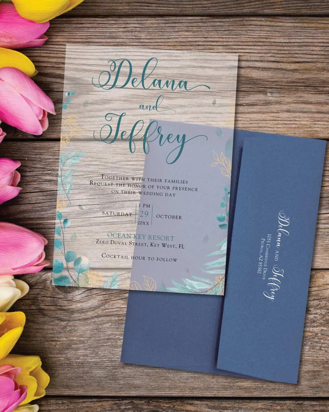 Blue Leaves And Branches Acrylic Wedding Invitation