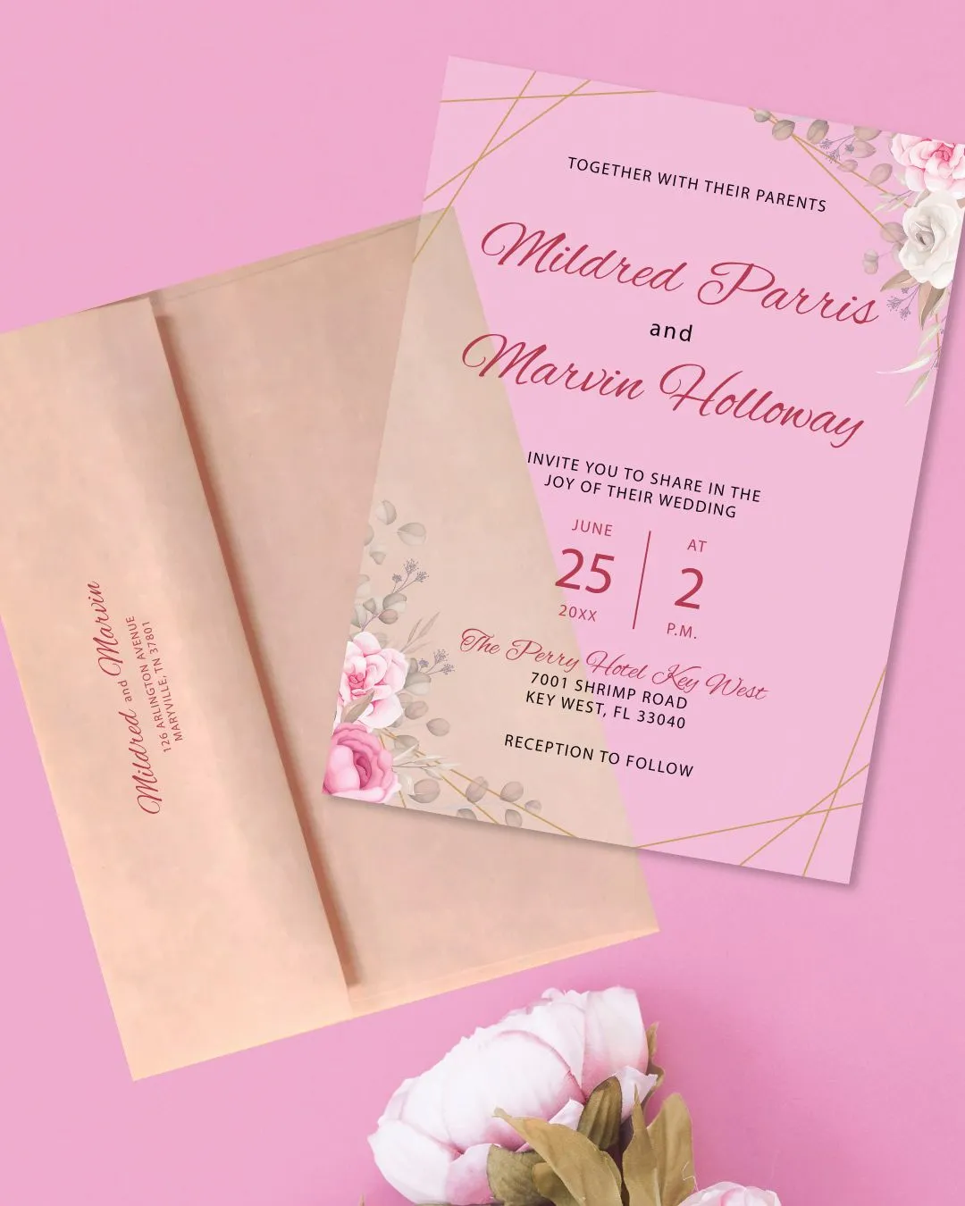 Pink Flowers In Corners Acrylic Wedding Invitation