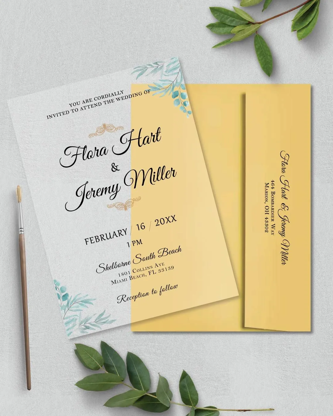 Blue Leaves And gold Acrylic Wedding Invitation