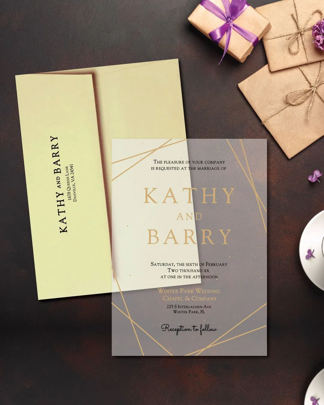 Gold Geometric Design Acrylic Wedding Invitation