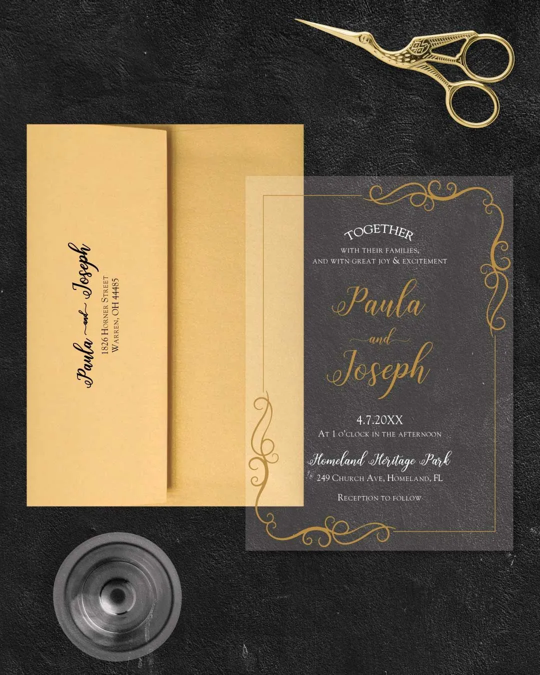 Decorative Golden Frame Acrylic Wedding Invitation