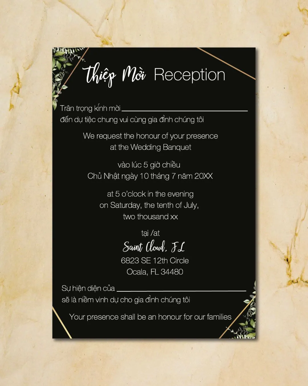 Leaves Gold Frames Vellum Wrapped Vietnamese & English Wedding Invitation