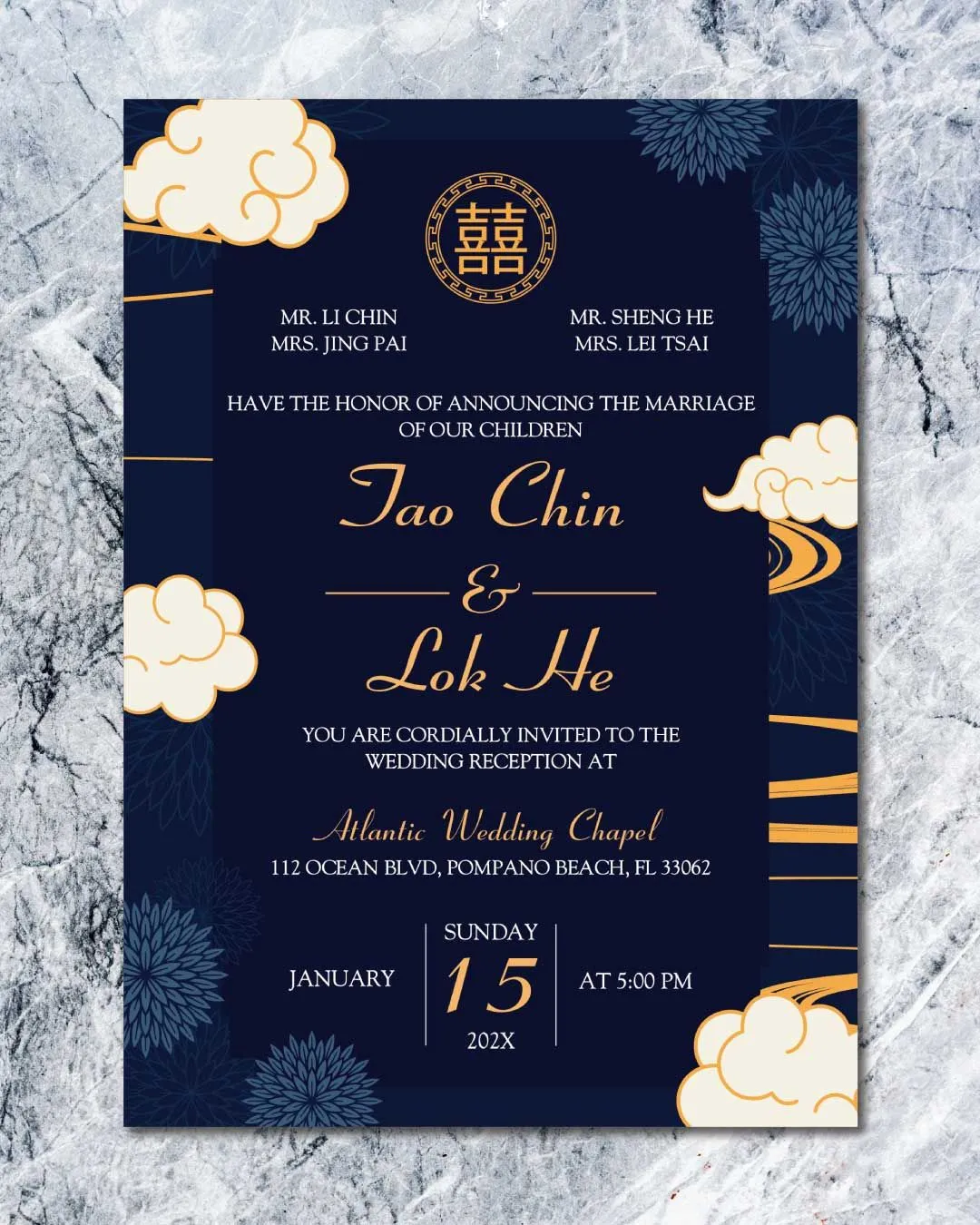 Dark Blue Simple Flat 5x7 Wedding Invitation