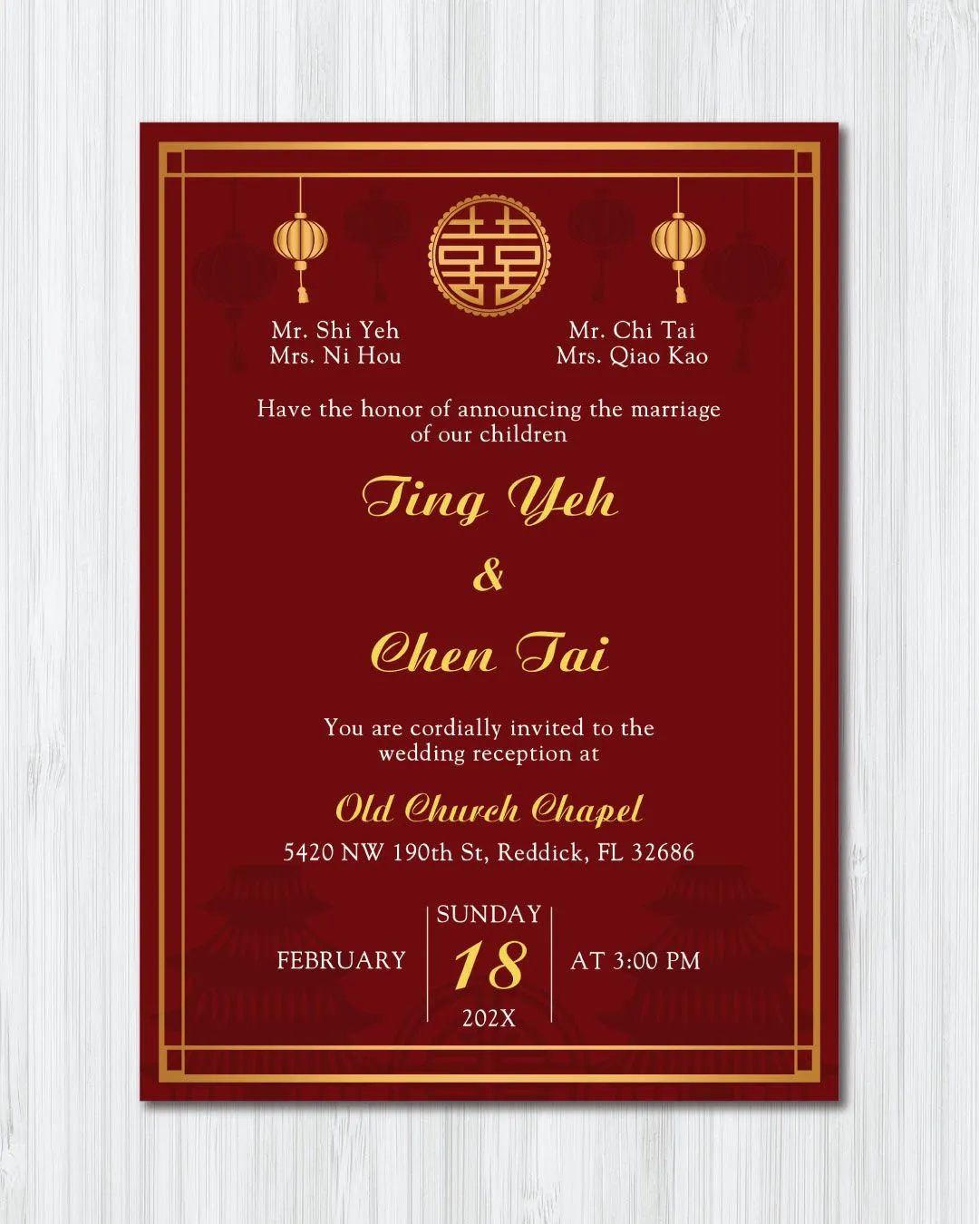 Faint Palace and Lanterns Simple Flat 5x7 Wedding Invitation