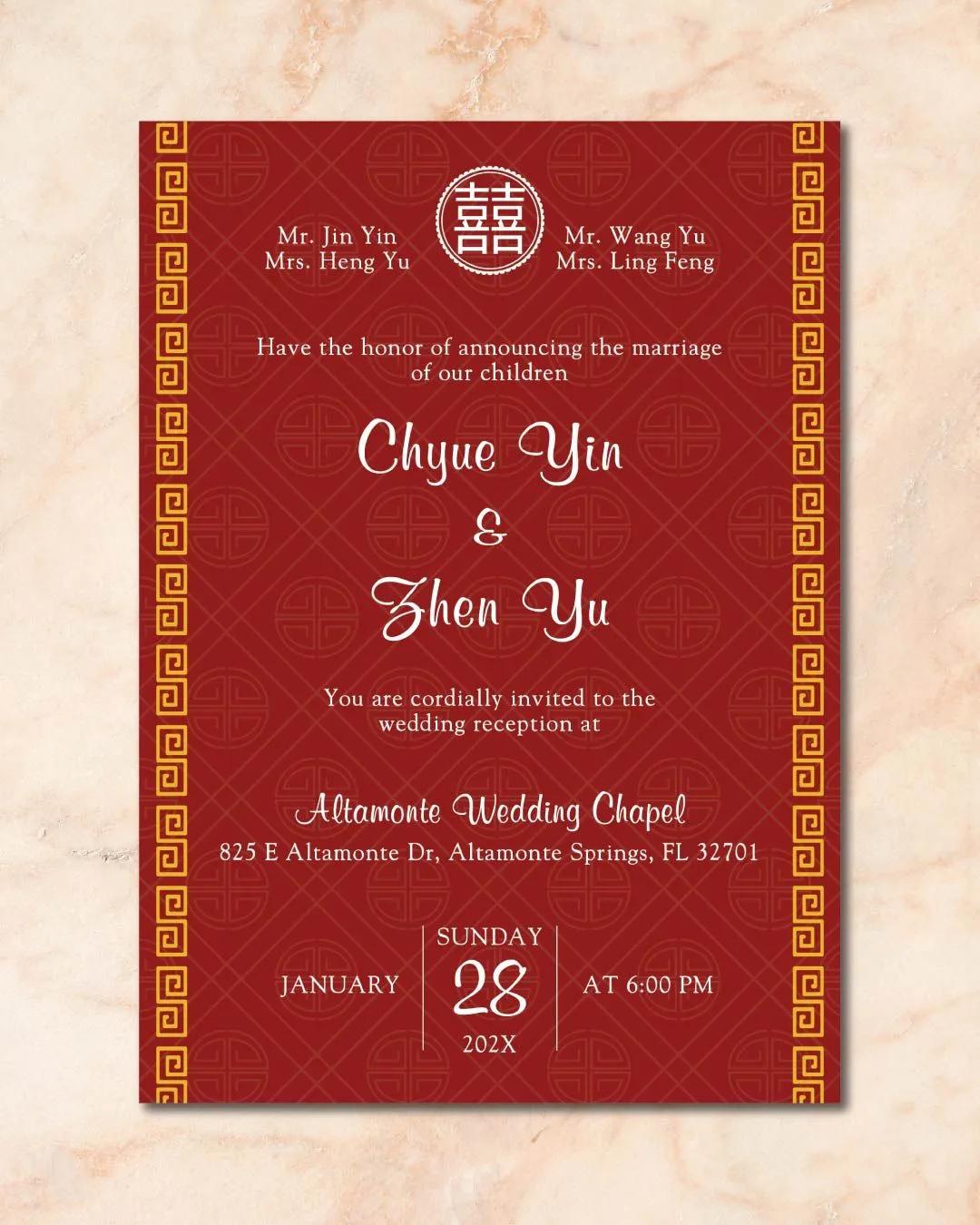 Song Hy and Gold Borders Simple Flat 5x7 Wedding Invitation