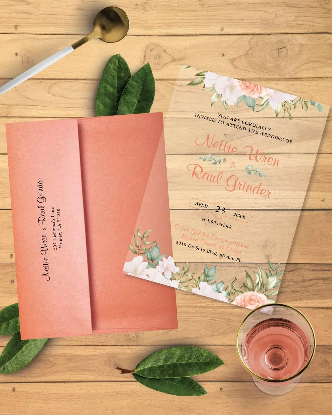 Old Pink Flowers Acrylic Wedding Invitation