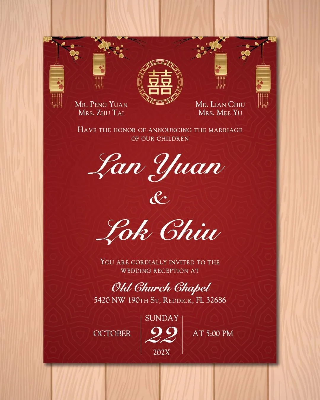 Golden Lanterns and Branches Simple Flat 5x7 Wedding Invitation