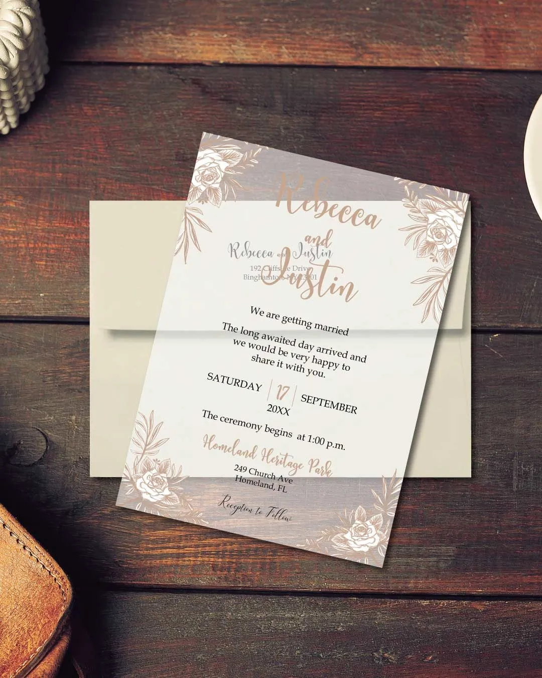 Beige Flower And Branch Acrylic Wedding Invitation