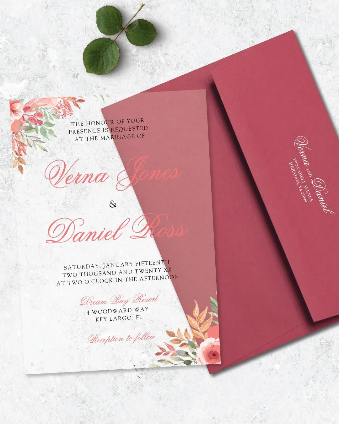 Flower Corners and Pink Acrylic Wedding Invitation