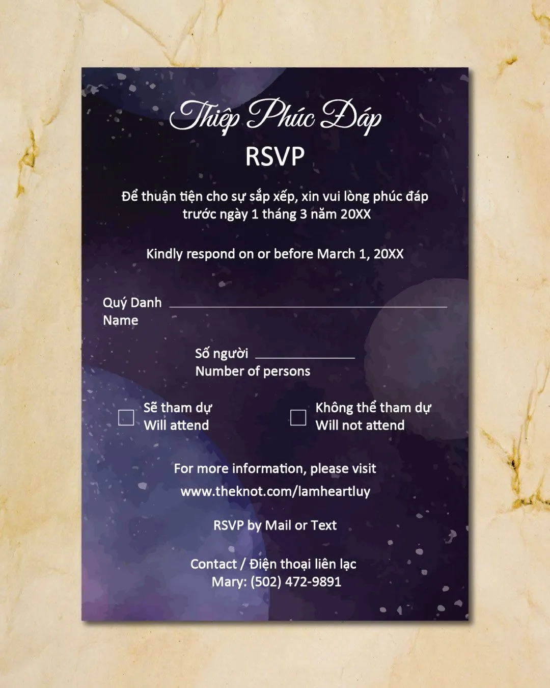 Watercolor Celestial Vellum Wrapped Vietnamese & English Wedding Invitation