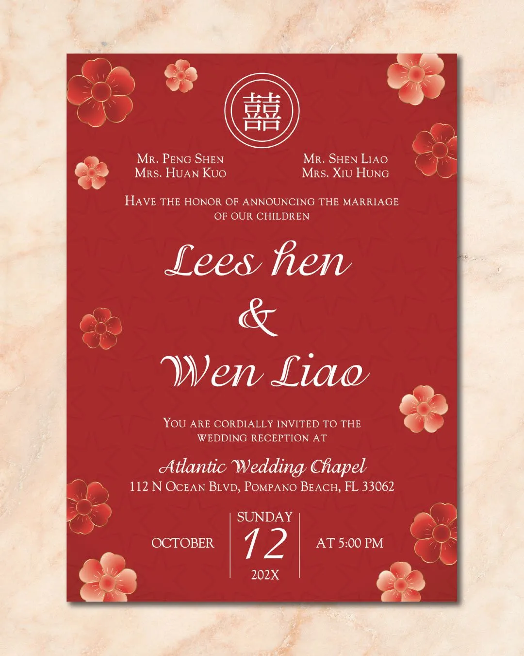 Pink and Red Falling Simple Flat 5x7 Wedding Invitation