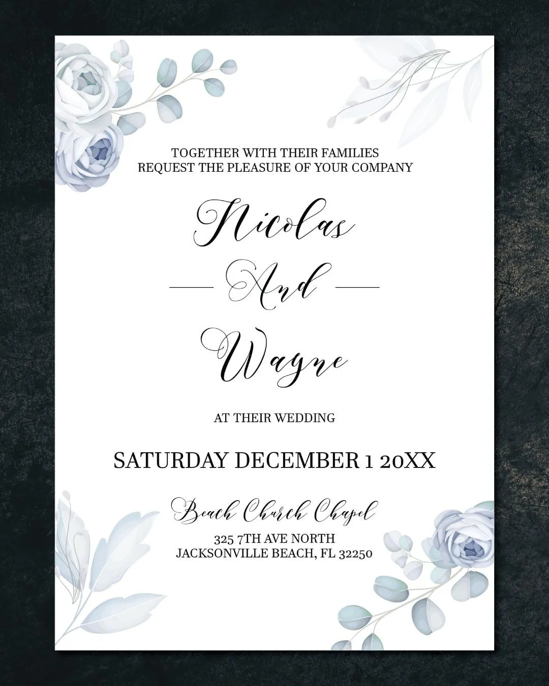 Subtle Blue Flowers Simple Flat 5x7 Wedding Invitation